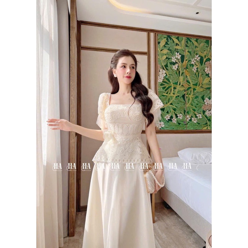 Đầm Dự Tiệc Siêu Xinh Áo Ren Mix Chân Váy Dài