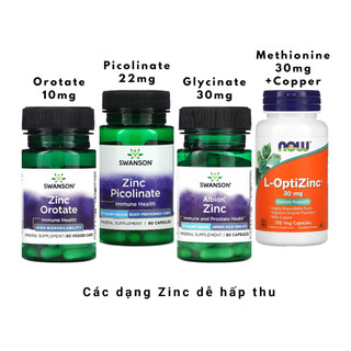 SWANSON Kẽm Zinc Orotate Picolinate Glycinate. NOW OptiZinc Methionine. Dễ hấp thu. Hỗ trợ miễn dịch, phát triển cơ bắp
