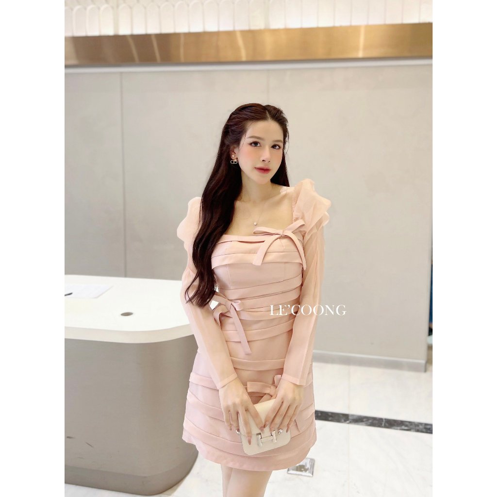 Váy Tiểu Thư Dáng Ngắn LECOONG V483 Đầm Đẹp Tay Dài Phối Nơ