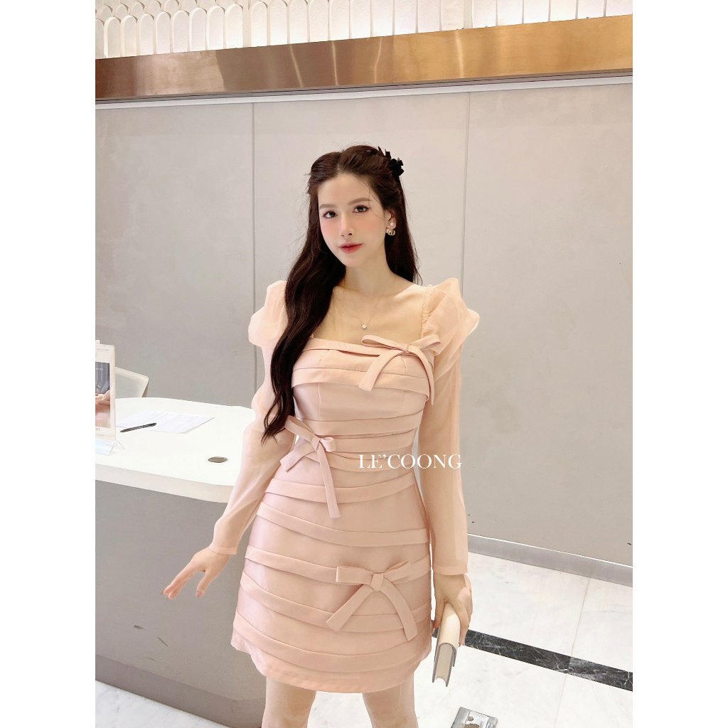 Váy Tiểu Thư Dáng Ngắn LECOONG V483 Đầm Đẹp Tay Dài Phối Nơ
