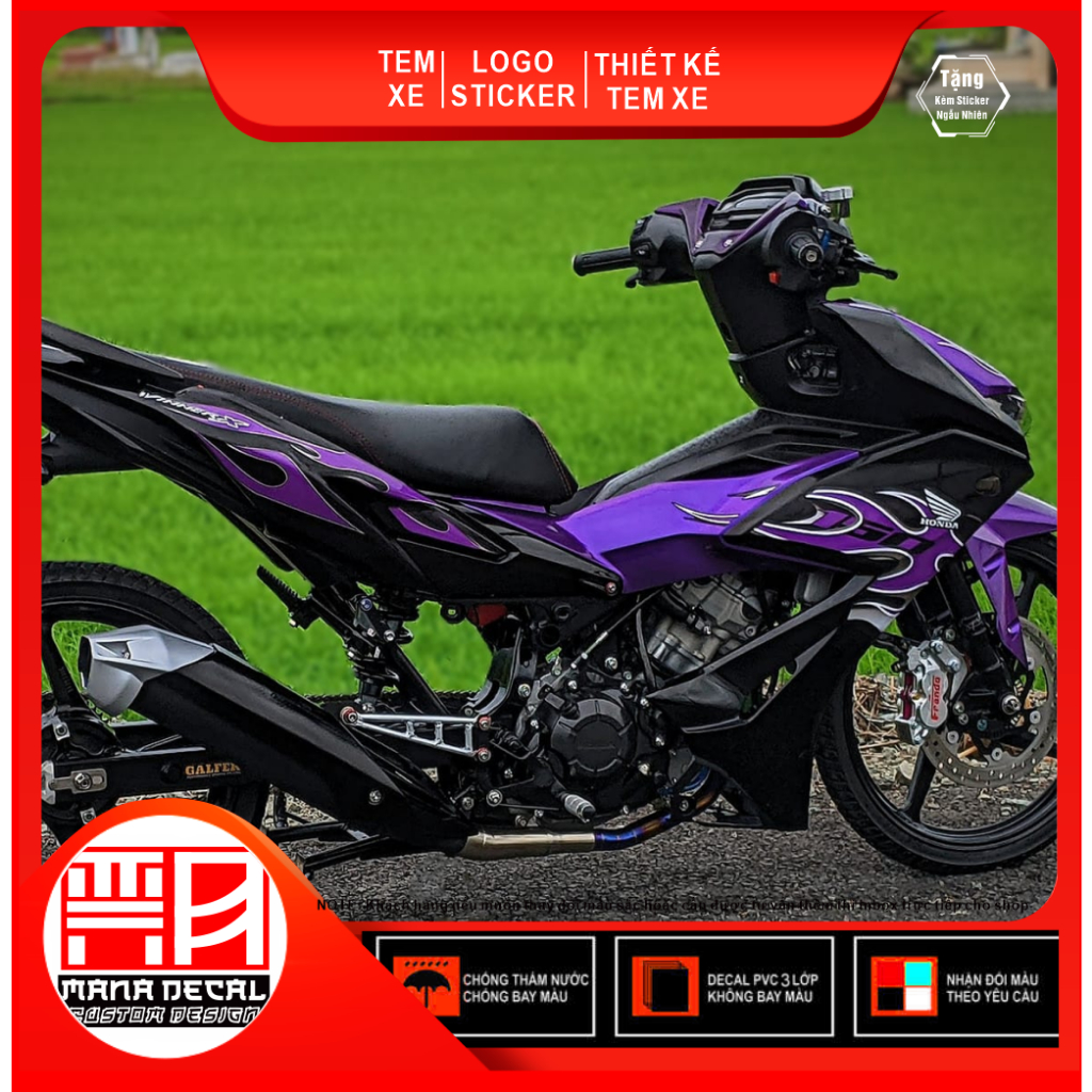 Tem dán rời xe Winnerx v3 mẫu lửa tím, tem dán xe bền màu chống thấm nước
