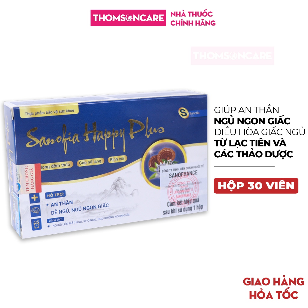Viên ngủ ngon Sanofia Happy Plus Sanofia France- Giúp an thần, hỗ trợ dễ ngủ Từ lá vông và thảo dược - Hộp 30 viên