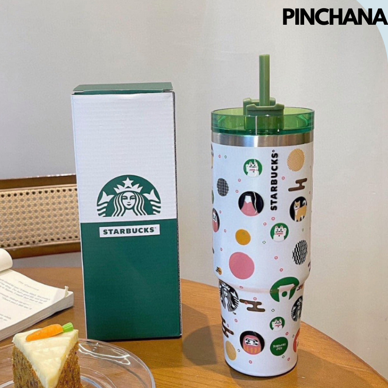 Ly giữ nhiệt Starbucks 900ml họa tiết dễ thương, bình nước cute inox 304 nắp kín Pinchana