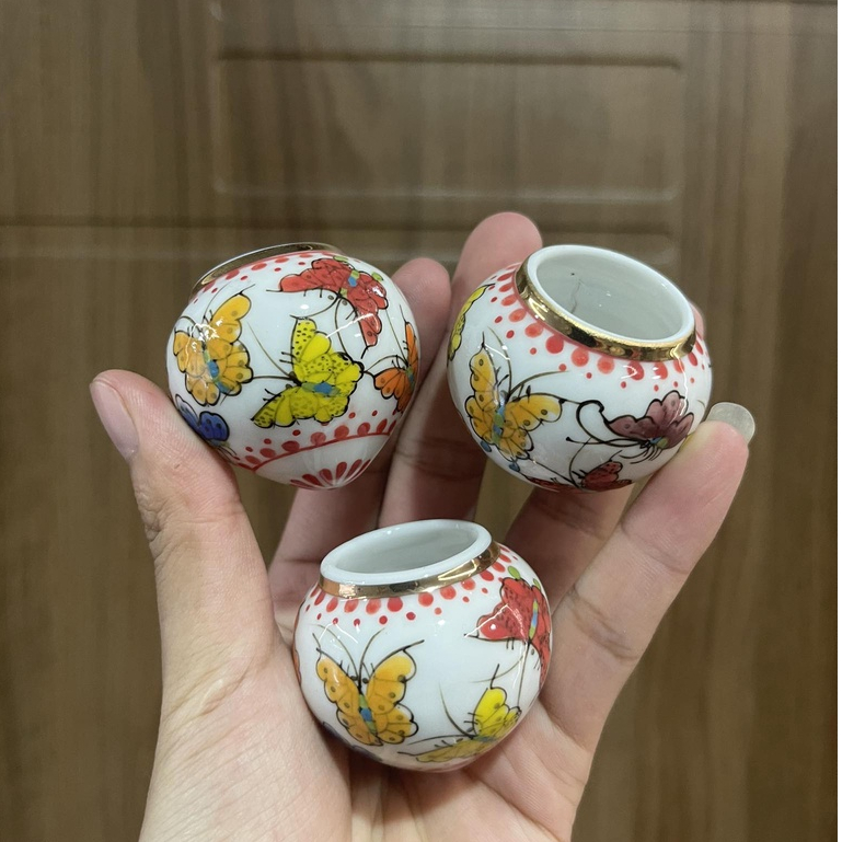 Cóng sứ yến, chòe đất hàng Bát Tràng mẫu vẽ tay miệng kẻ vàng gắn sẵn tai 1.2