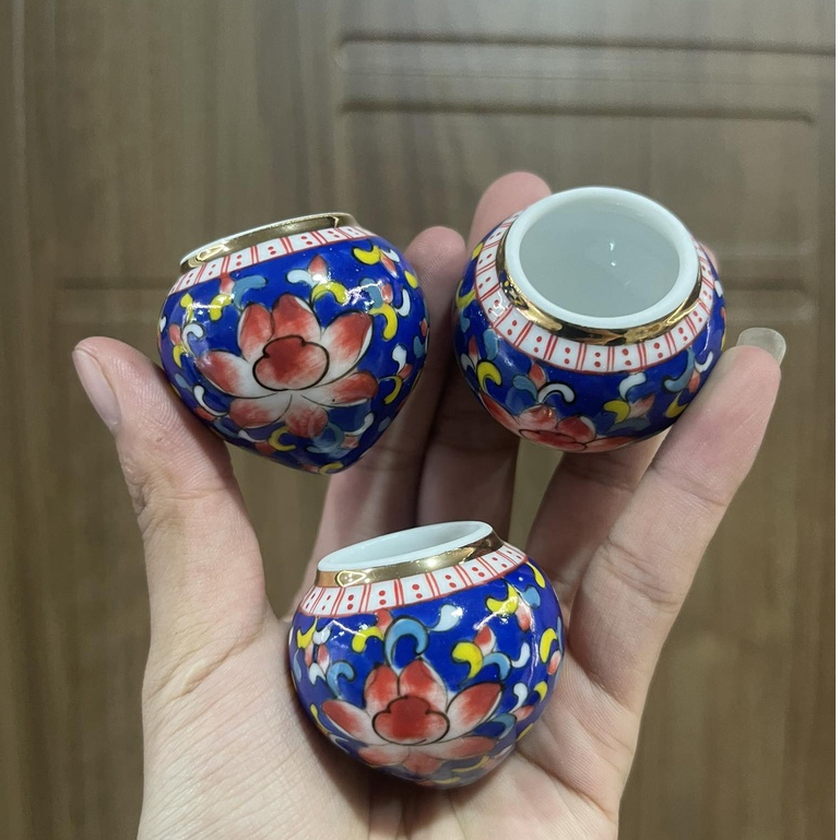 Cóng sứ yến, chòe đất hàng Bát Tràng mẫu vẽ tay miệng kẻ vàng gắn sẵn tai 1.2