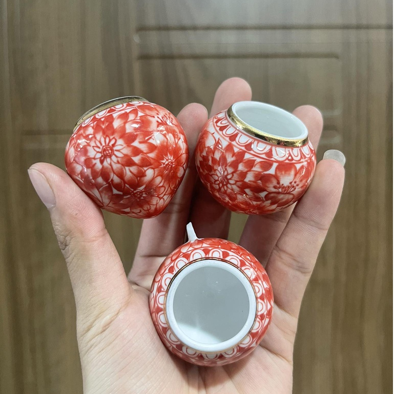 Cóng sứ yến, chòe đất hàng Bát Tràng mẫu vẽ tay miệng kẻ vàng gắn sẵn tai 1.2