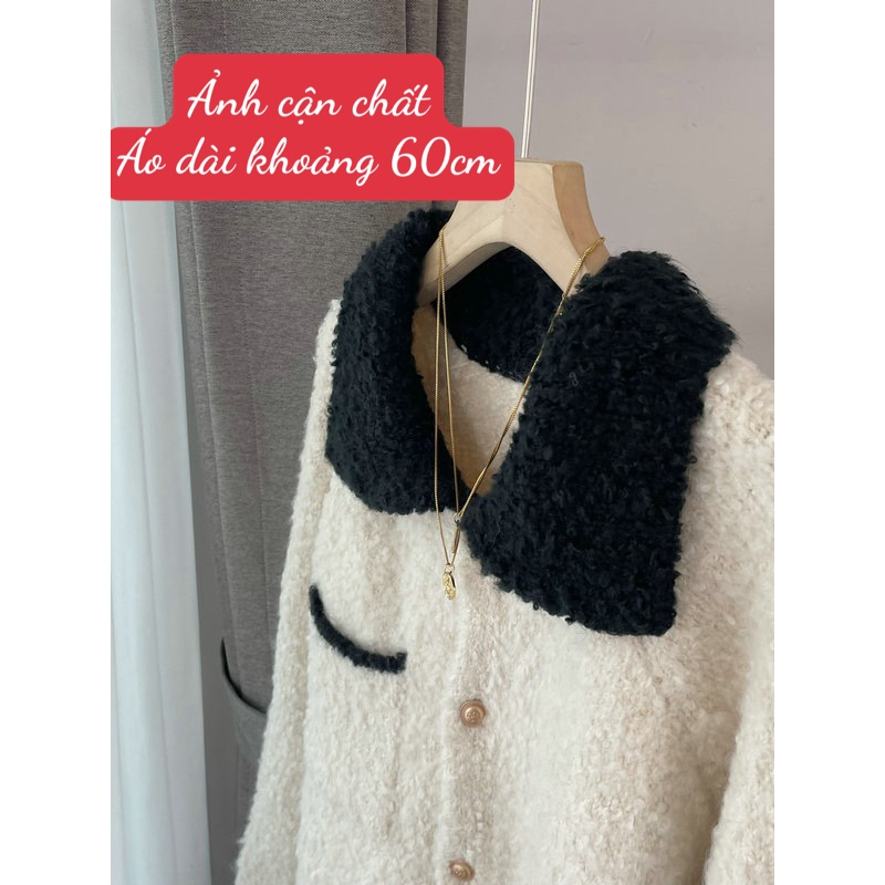 Áo khoác len cổ Polo lông cừu phối 2 màu trắng đen thời trang thu đông mẫu mới- 143