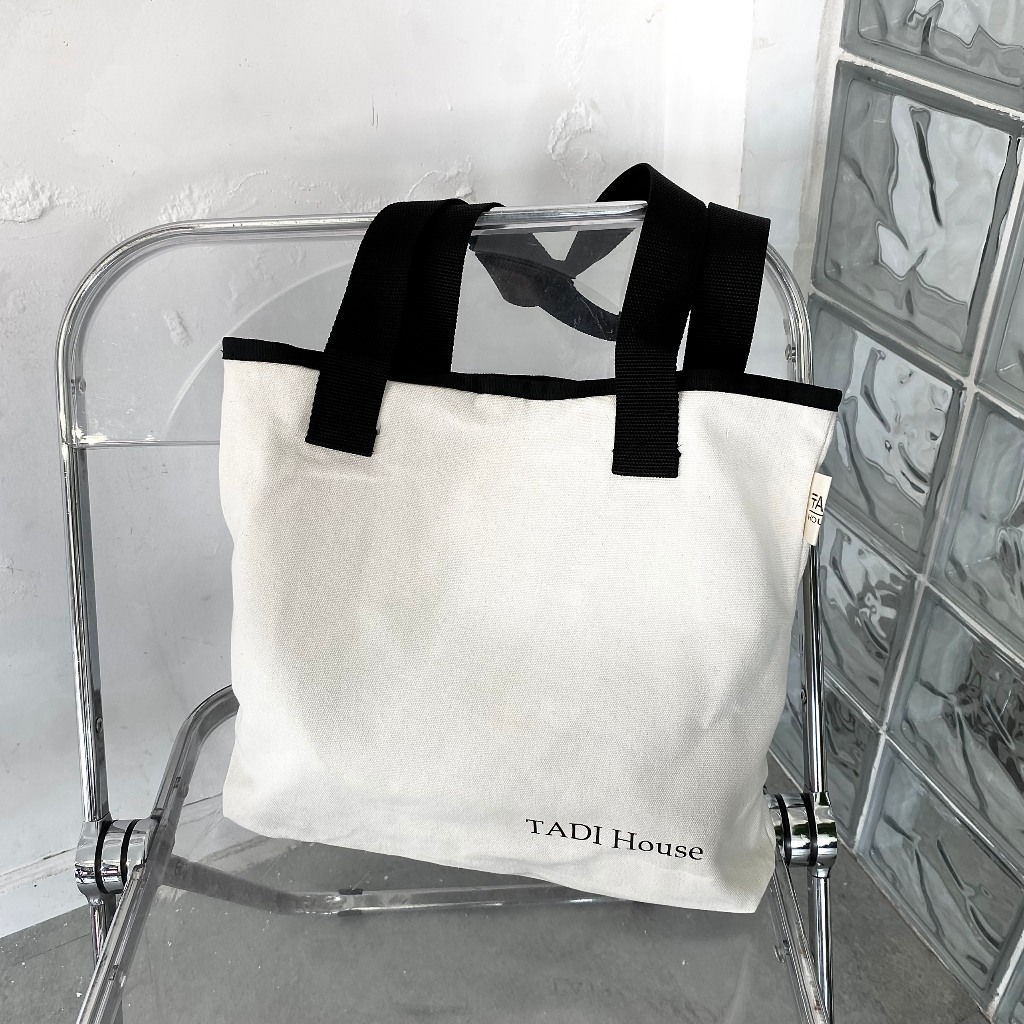 Túi Tote Đeo Chéo Vải Bố Canvas Mộc Unisex Vintage Tadi House Màu Trắng Trơn Kem