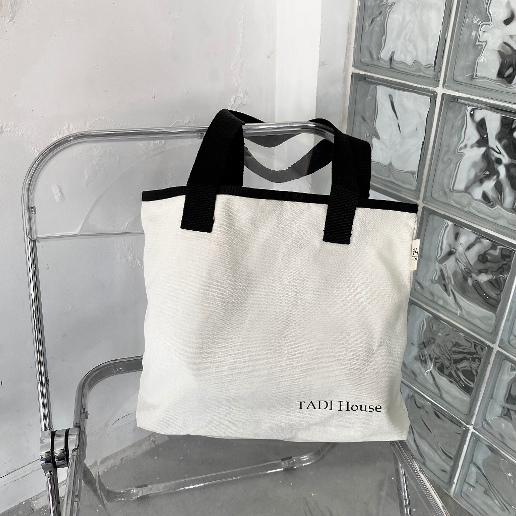 Túi Tote Đeo Chéo Vải Bố Canvas Mộc Unisex Vintage Tadi House Màu Trắng Trơn Kem