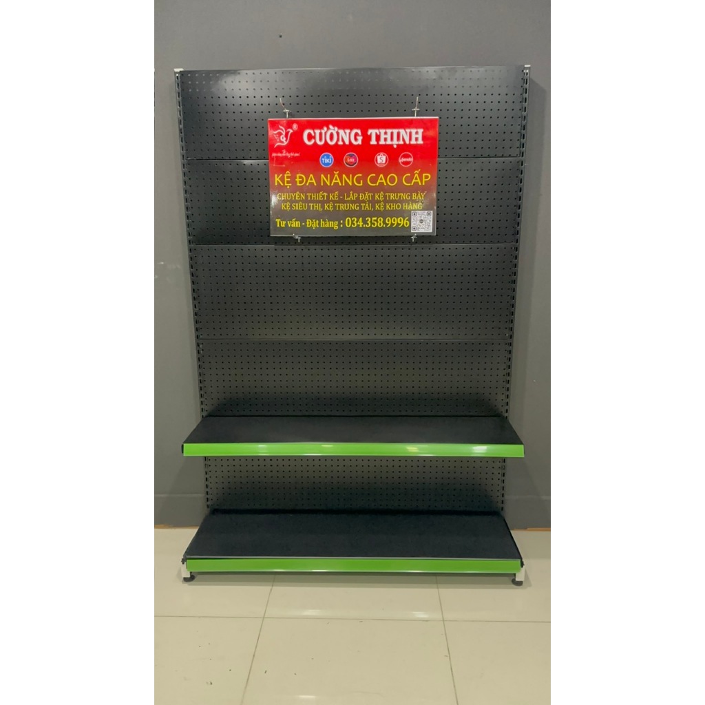 Kệ đơn tôn lỗ MÀU ĐEN, Cao 180 x Dài 120 x Rộng 35cm x 2 tầng, tặng kèm 15 móc 15cm.