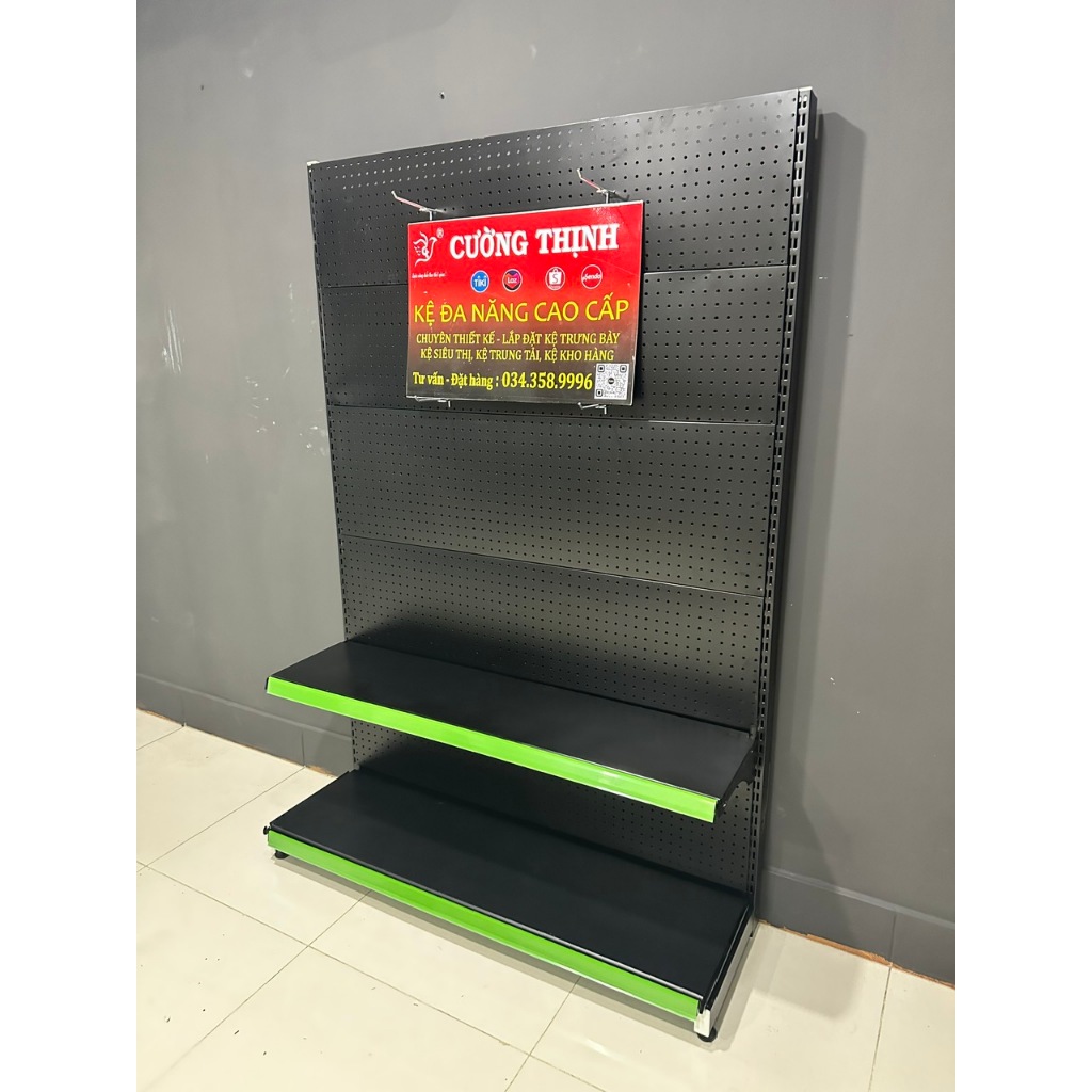 Kệ đơn tôn lỗ MÀU ĐEN, Cao 180 x Dài 120 x Rộng 35cm x 2 tầng, tặng kèm 15 móc 15cm.