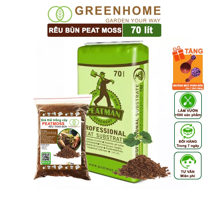 Rêu Than Bùn Peatmoss Greenhome, Bao 1kg, Cân Bằng Ẩm, Giá Thể Trộn Đất Trồng Sen Đá, Kiểng Lá, Hoa Hồng, Ươm Hạt Giống