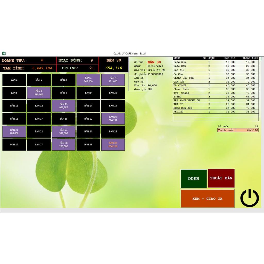 Phần mềm tính tiền quán Cafe Verson 1.0, 3 tính năng thiết kế hoàn toàn 100% Excel, thân thiện, dễ s