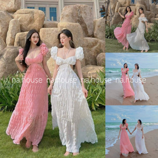 Đầm maxi đi biển đi chơi bo chun lưng trắng hồng vàng xanh bơ Nahouse váy cổ yếm dáng dài hở lưng thiết kế đẹp xinh sang