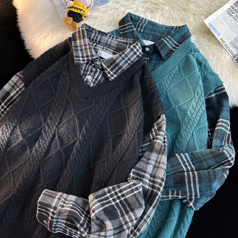 Áo sơ mi kẻ sọc phối gile len phong cách hàn quốc . Áo sơ mi phối sẵn retro nam nữ