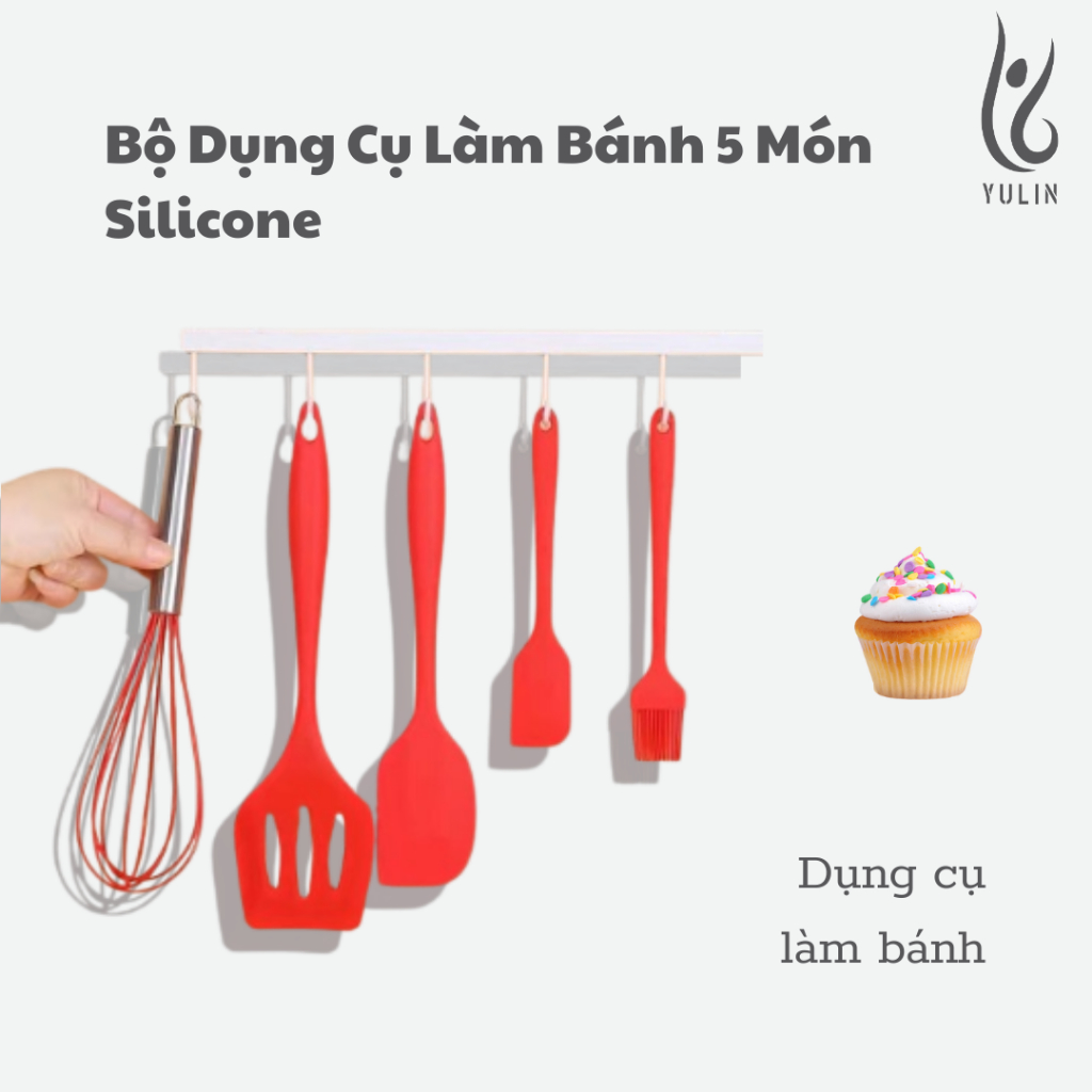 Set 5 món dụng cụ nấu ăn bằng silicon, Bộ dụng cụ nhà bếp thiết kế chịu nhiệt đặc biệt