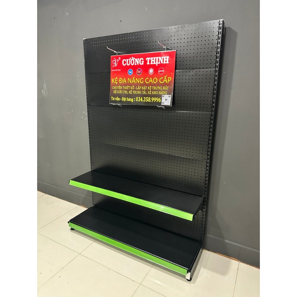 Kệ đơn tôn lỗ MÀU ĐEN, Cao 180 x Dài 120 x Rộng 35cm x 2 tầng, tặng kèm 15 móc 15cm.