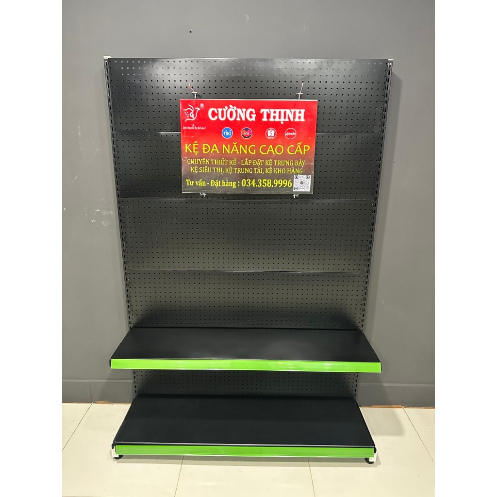Kệ đơn tôn lỗ MÀU ĐEN, Cao 180 x Dài 120 x Rộng 35cm x 2 tầng, tặng kèm 15 móc 15cm.