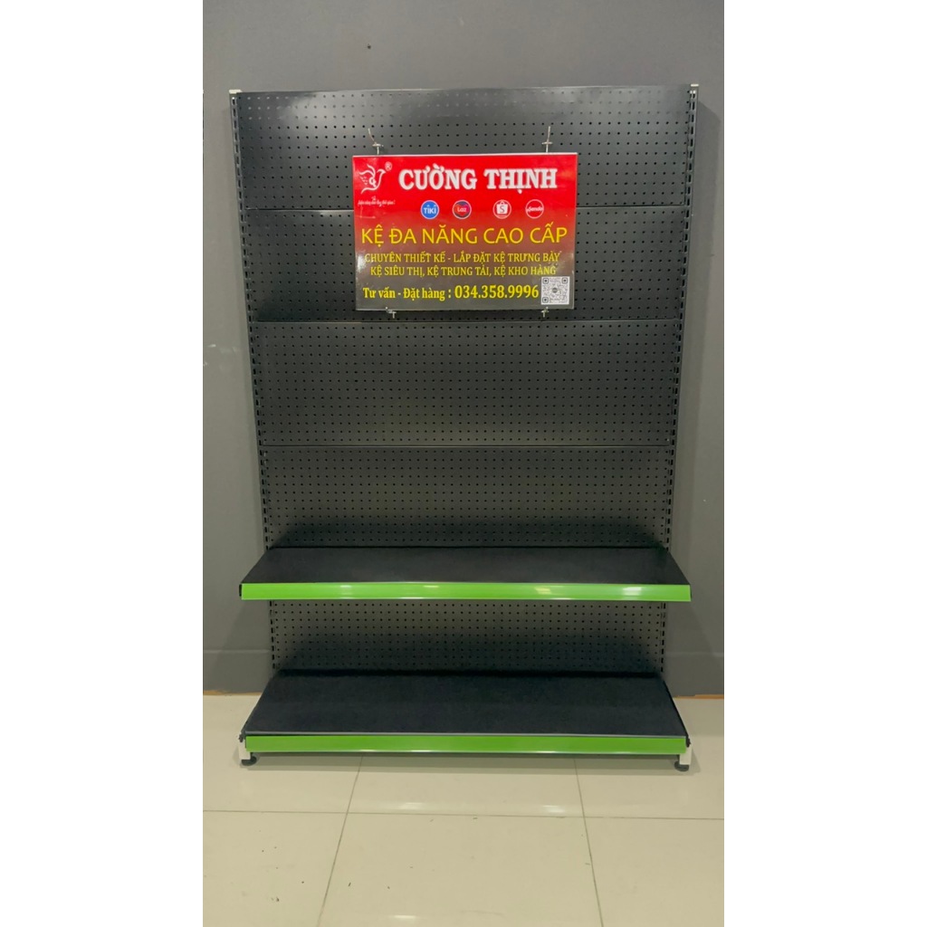 Kệ đơn tôn lỗ MÀU ĐEN, Cao 180 x Dài 120 x Rộng 35cm x 2 tầng, tặng kèm 15 móc 15cm.