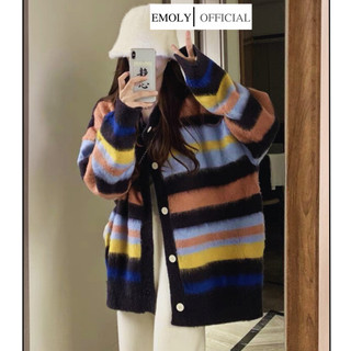 Áo khoác cardigan len dệt kim mỏng mềm phối kẻ sắc màu dáng dài- 165