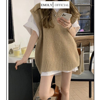 Áo gile len nữ dáng rộng Oversize màu nâu tây và xanh noel - 009