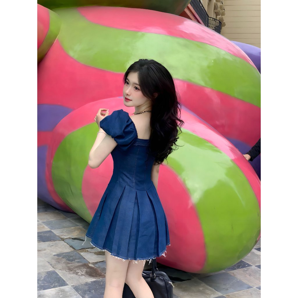 Đầm chíp cúp ngực , Váy jean dáng xoè tay phồng | GRINIS DRESS | Secodee