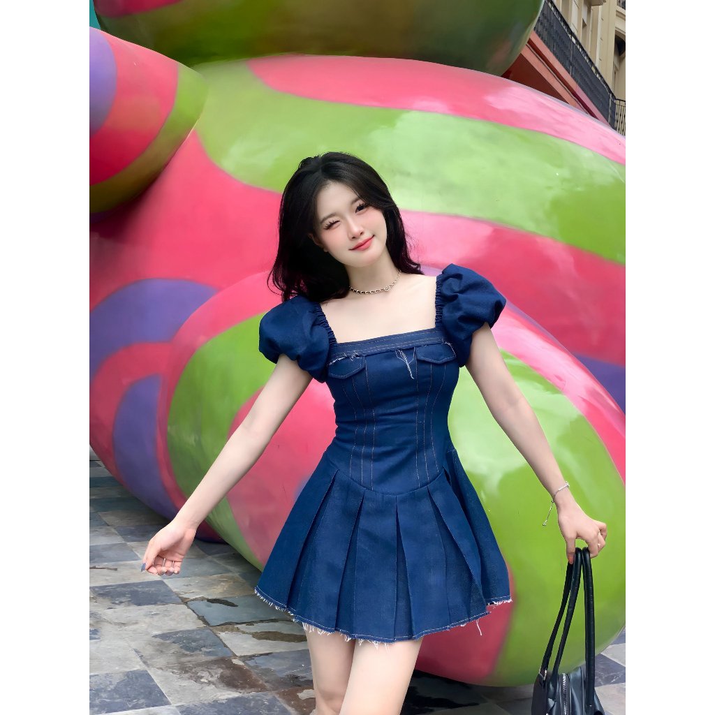 Đầm chíp cúp ngực , Váy jean dáng xoè tay phồng | GRINIS DRESS | Secodee