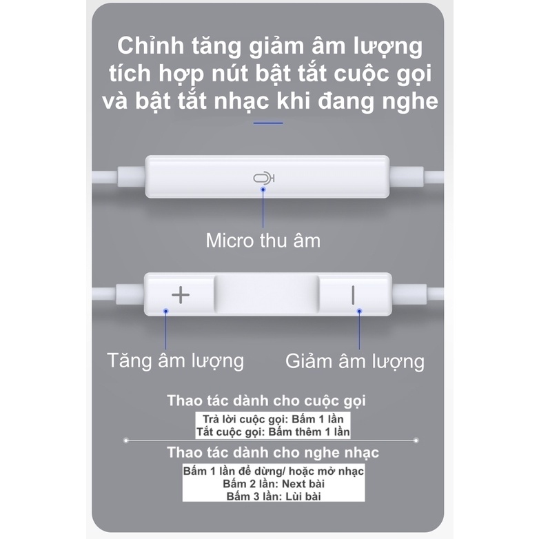 Tai nghe có dây, tai nghe nhét tai cho điện thoại, tai nghe dây âm thanh chuẩn, có mic đàm thoại, tăng giảm âm lượng