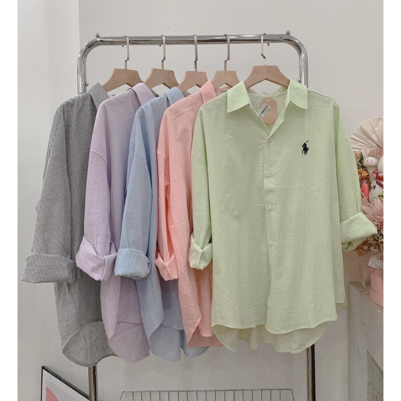 Áo Sơ Mi Nữ Kẻ Sọc Nhí Thêu Xinh Form Rộng Pastel Phong Cách Hàn Quốc