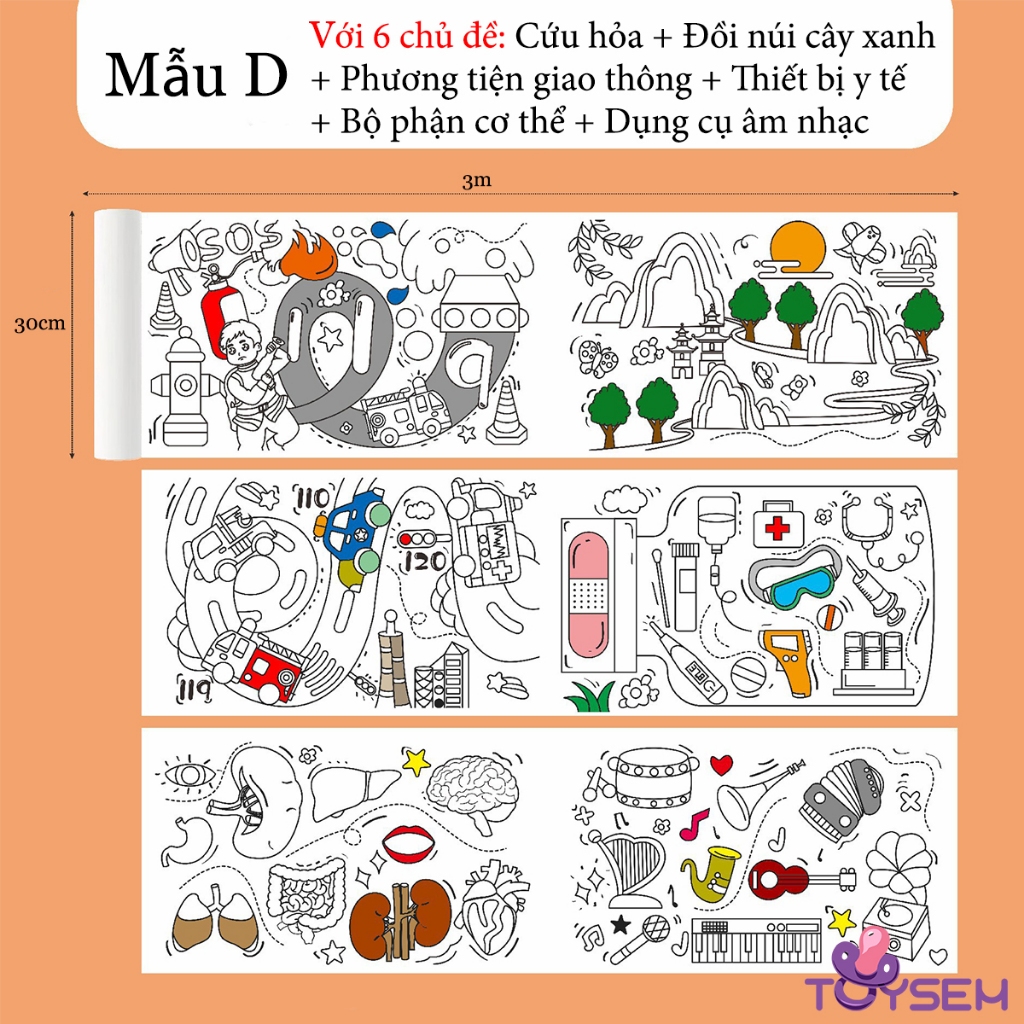 Đồ chơi tô màu với cuộn tranh giấy nhiều chủ đề dài 3m rộng 30cm cho bé vui chơi cả ngày - Quà tặng sinh nhật
