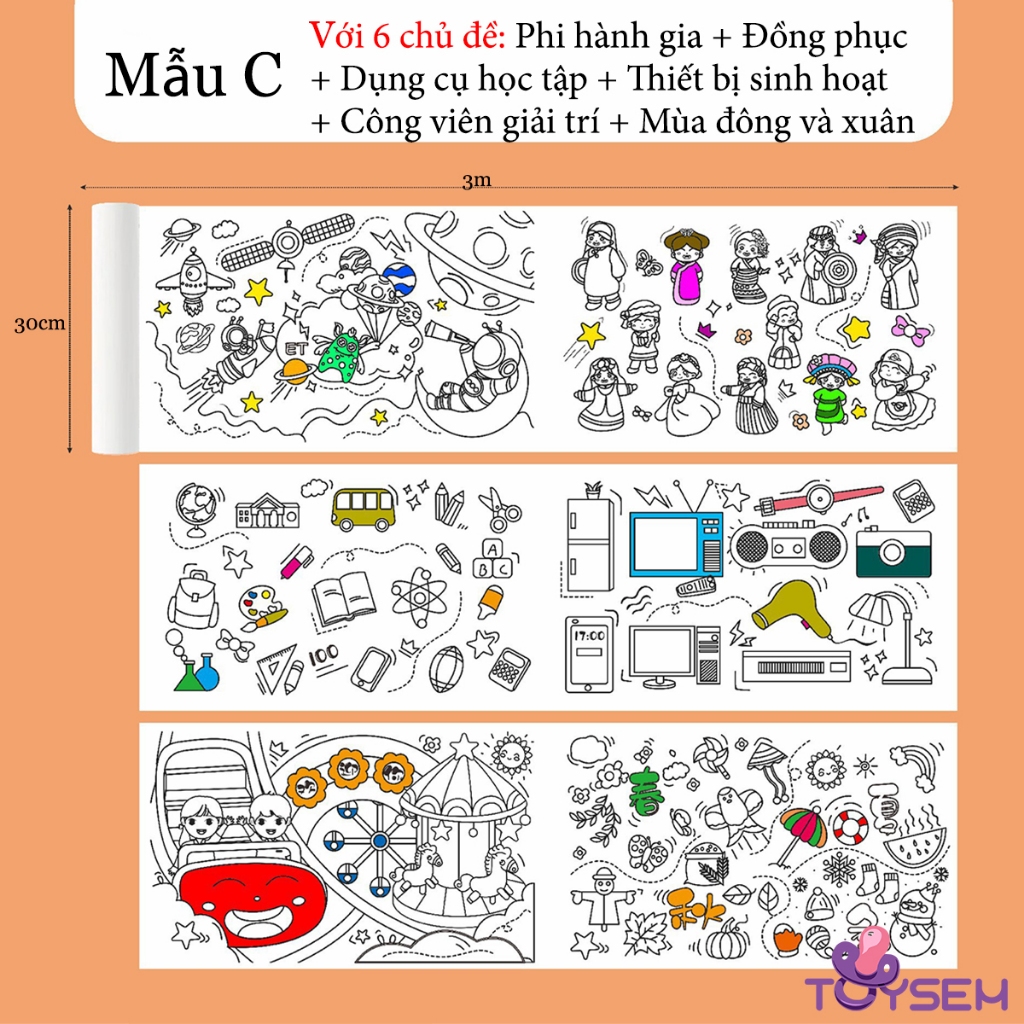 Đồ chơi tô màu với cuộn tranh giấy nhiều chủ đề dài 3m rộng 30cm cho bé vui chơi cả ngày - Quà tặng sinh nhật