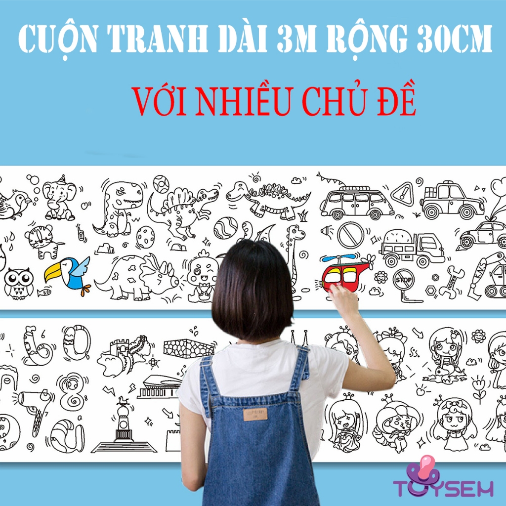 Đồ chơi tô màu với cuộn tranh giấy nhiều chủ đề dài 3m rộng 30cm cho bé vui chơi cả ngày - Quà tặng sinh nhật