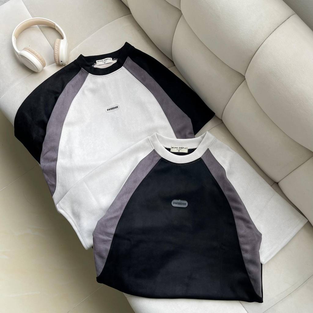 Áo thun tay lỡ vải da lộn DATO màu ĐEN/XÁM - áo phông phối màu form rộng unisex nam nữ/ 🖤 JEJUL | BigBuy360 - bigbuy360.vn