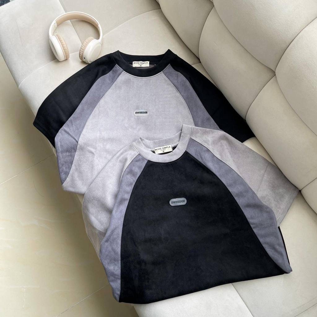 Áo thun tay lỡ vải da lộn DATO màu ĐEN/XÁM - áo phông phối màu form rộng unisex nam nữ/ 🖤 JEJUL | BigBuy360 - bigbuy360.vn