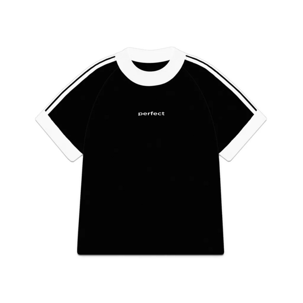 Áo thun nữ baby tee thêu chữ Perfect giữa phối viền sọc tay vải cotton premium dày dặn chuẩn form