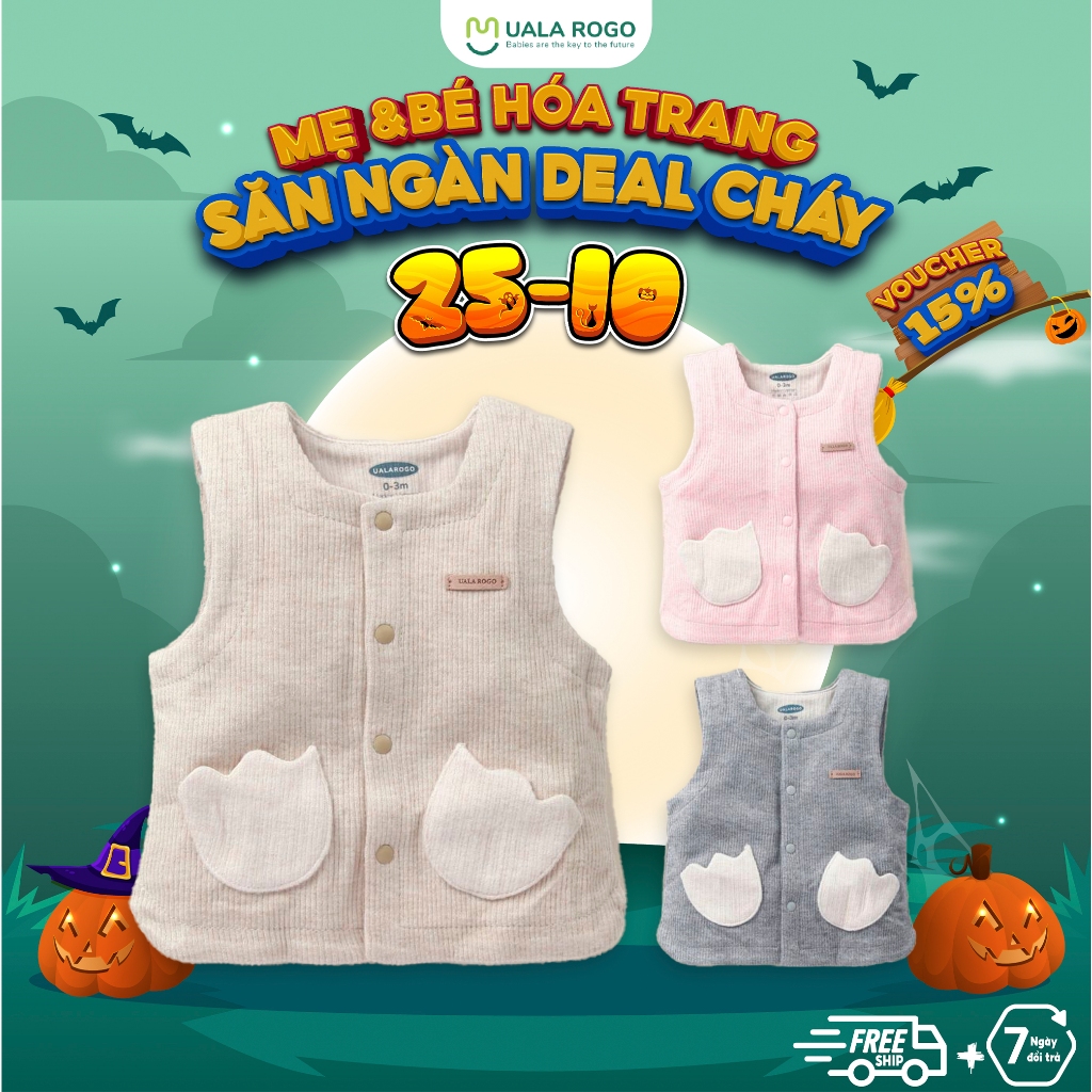 Áo Gile cho bé Ualarogo newborn 0-2 tuổi cúc giữa vải Cotton nỉ nhung giữ ấm mềm mại thoáng khí 3681