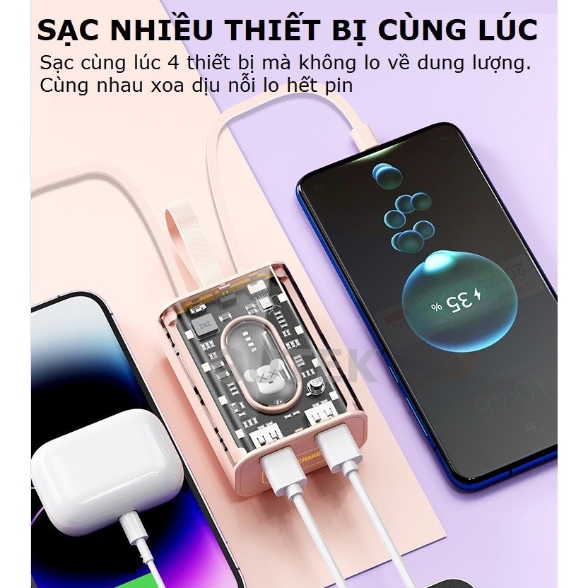 Sạc dự phòng 20000mAh Gutek YM694 dung lượng lớn trong suốt tích hợp dây sạc nhanh cho nhiều thiết bị