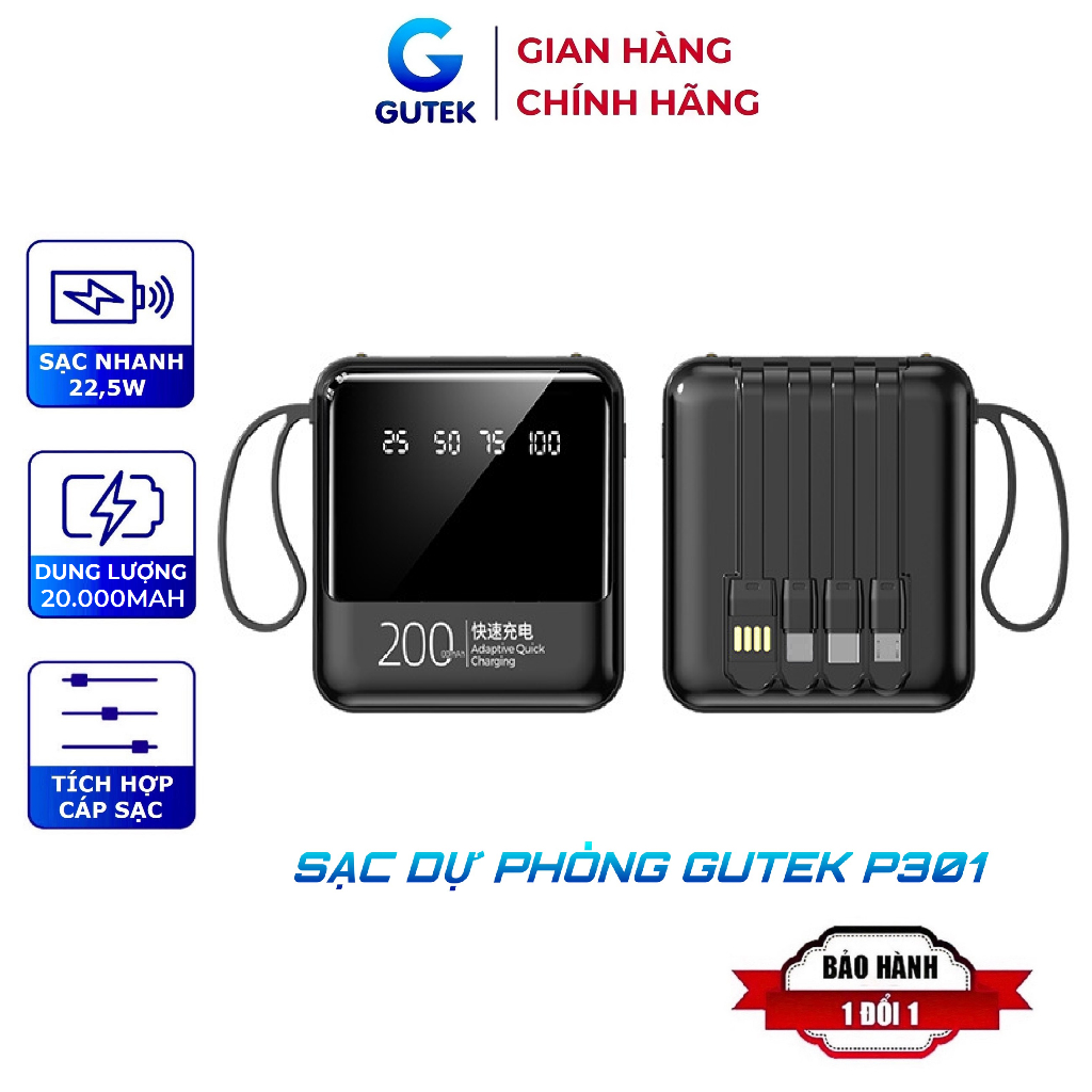 Sạc dự phòng 20000mAh Gutek P301 dung lượng pin lớn tích hợp dây sạc nhanh cho nhiều thiết bị điện thoại