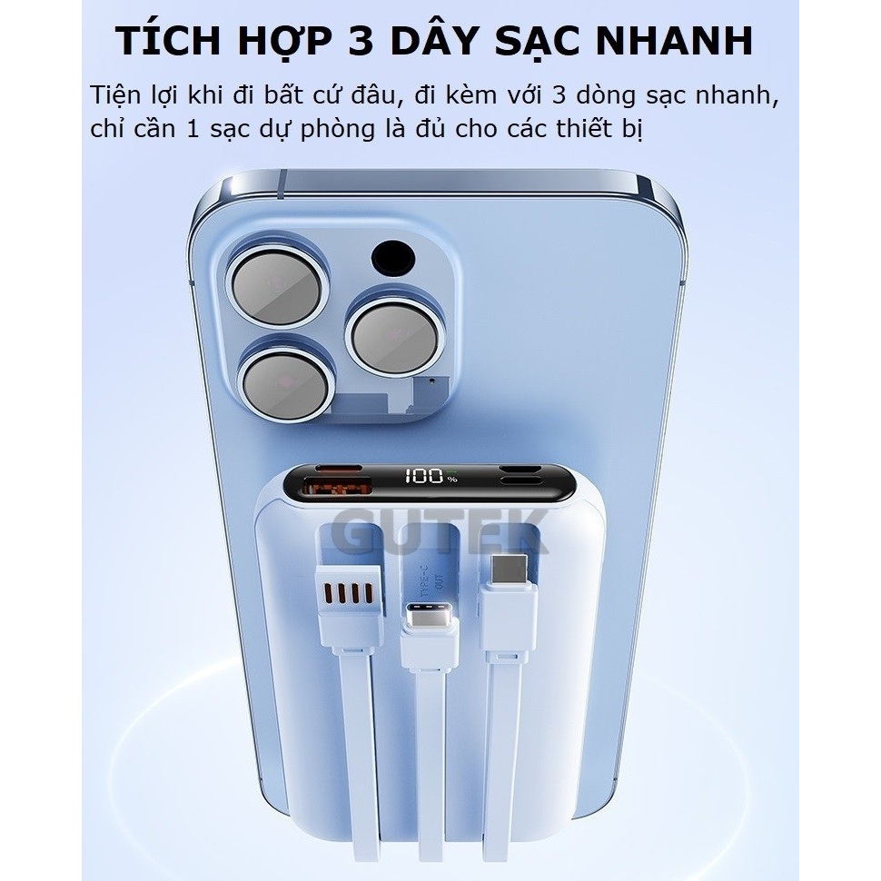 Sạc dự phòng không dây Gutek W10 sạc nhanh 22,5W pin dung lượng 15000mah tích hợp dây sạc cho nhiều điện thoại