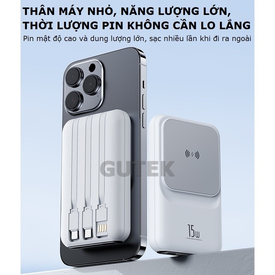 Sạc dự phòng không dây Gutek W10 sạc nhanh 22,5W pin dung lượng 15000mah tích hợp dây sạc cho nhiều điện thoại