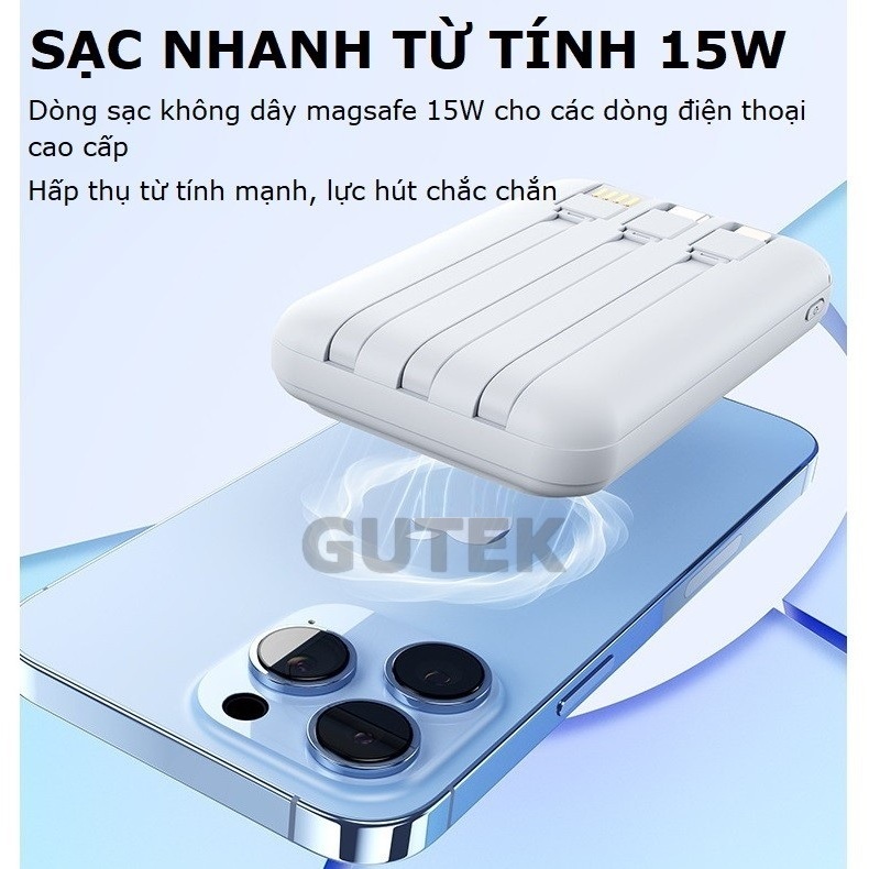 Sạc dự phòng không dây Gutek W10 sạc nhanh 22,5W pin dung lượng 15000mah tích hợp dây sạc cho nhiều điện thoại