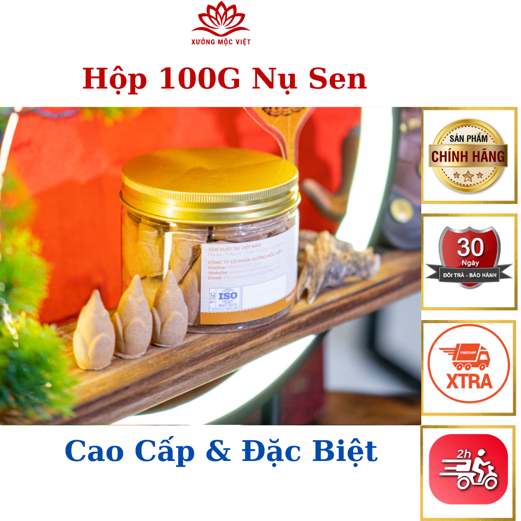 Nhang Nụ Trầm Hương Khói Ngược Sạch Tự Nhiên Không Hoá Chất Xưởng Mộc Việt - Hộp 100G (  Tầm 30 Nụ Sen )