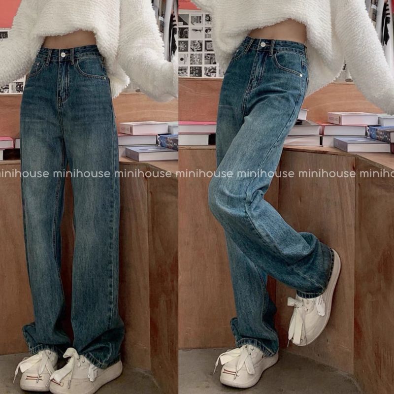 Quần jeans nữ ống rộng cổ điển vải QC