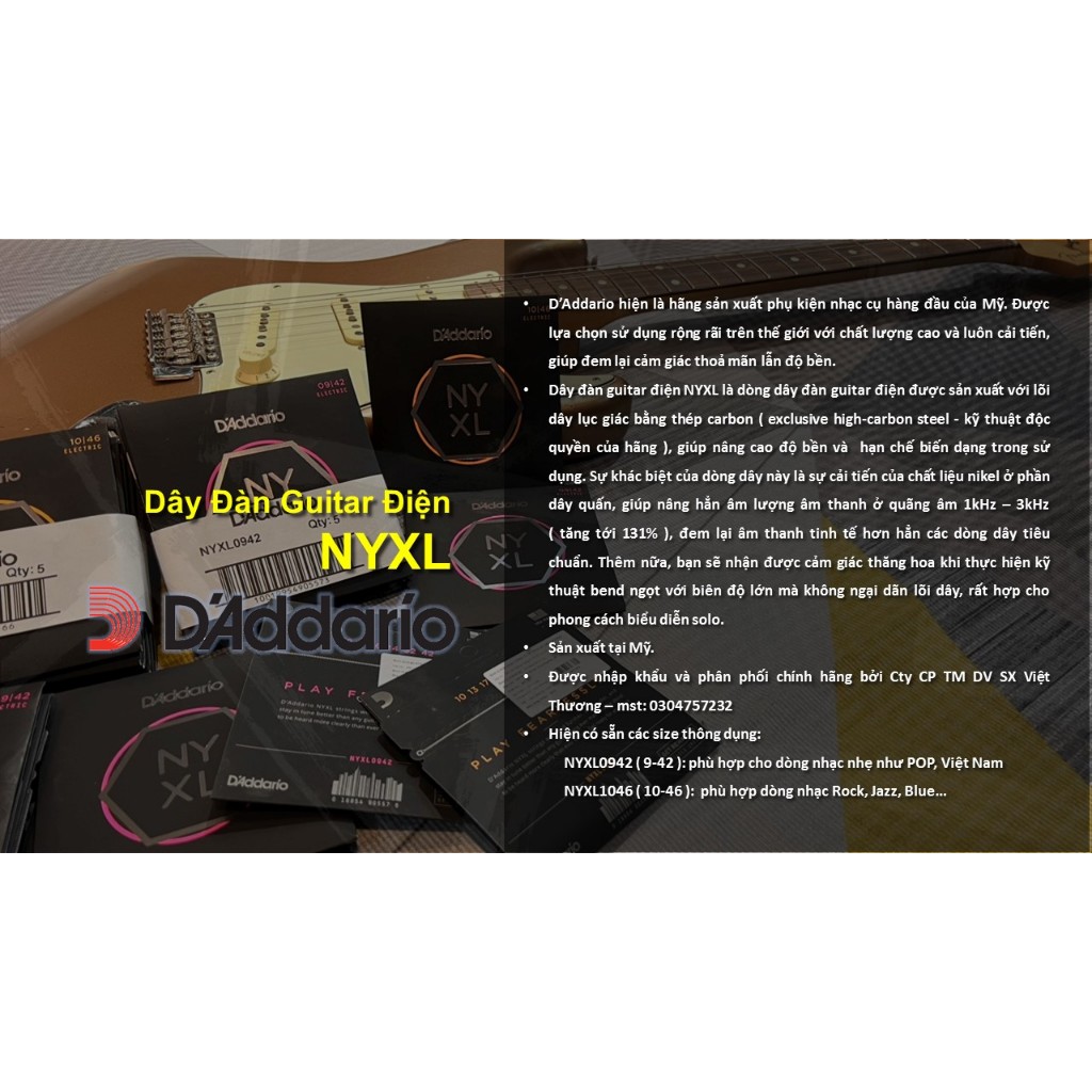 Bộ dây đàn guitar điện chính hãng D'addario NYXL0942 NYXL1046