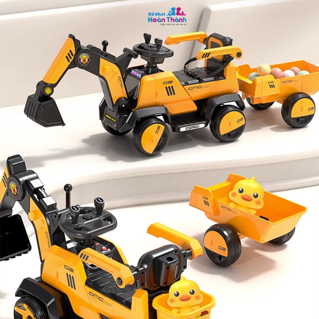Xe cẩu điện trẻ em cỡ lớn, xe cẩu điện, có thể điều chỉnh cần múc tặng kèm xẻng, mũ, giỏ đựng
