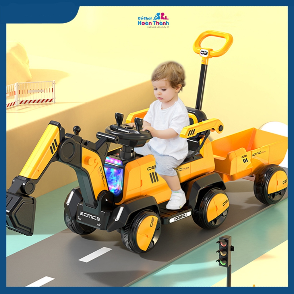 Xe cẩu điện trẻ em cỡ lớn, xe cẩu điện, có thể điều chỉnh cần múc tặng kèm xẻng, mũ, giỏ đựng