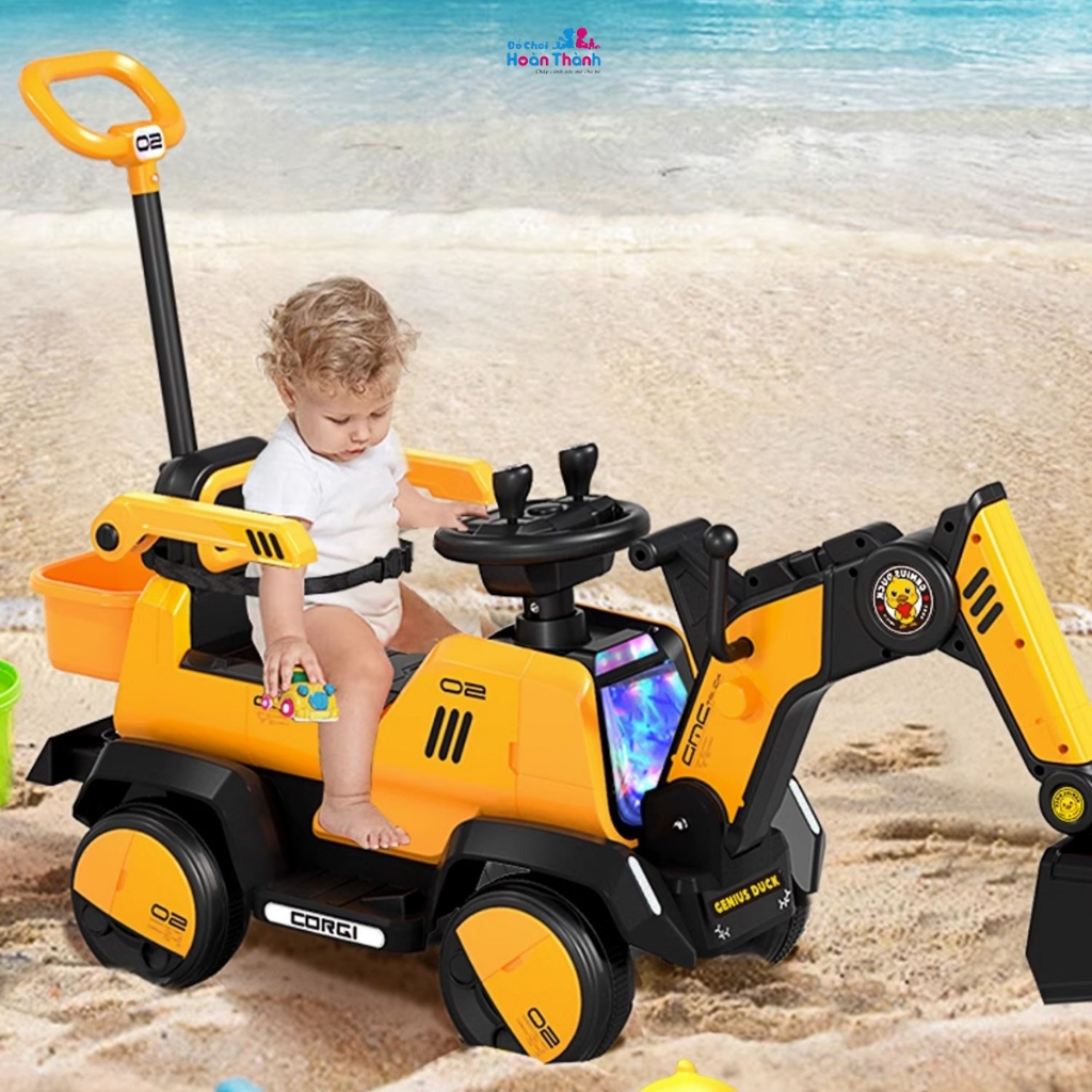 Xe cẩu điện trẻ em cỡ lớn, xe cẩu điện, có thể điều chỉnh cần múc tặng kèm xẻng, mũ, giỏ đựng