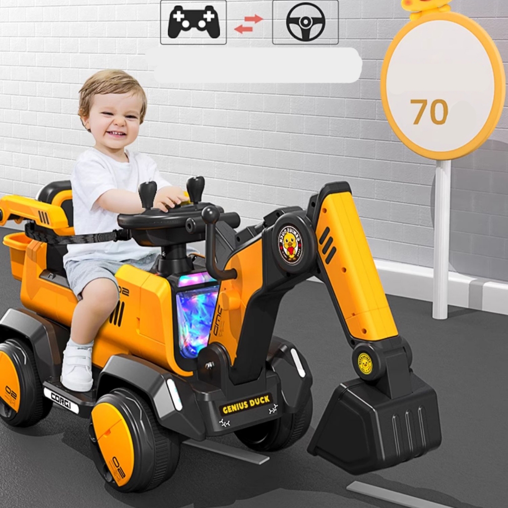 Xe cẩu điện trẻ em cỡ lớn, xe cẩu điện, có thể điều chỉnh cần múc tặng kèm xẻng, mũ, giỏ đựng