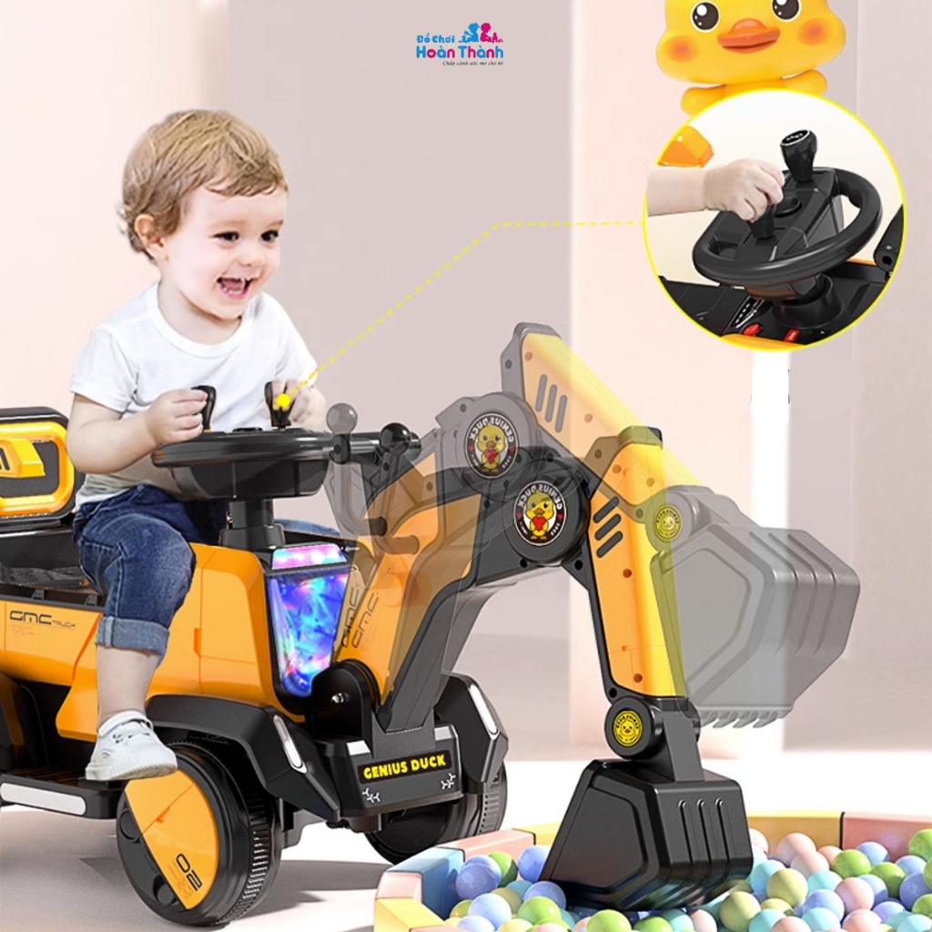 Xe cẩu điện trẻ em cỡ lớn, xe cẩu điện, có thể điều chỉnh cần múc tặng kèm xẻng, mũ, giỏ đựng