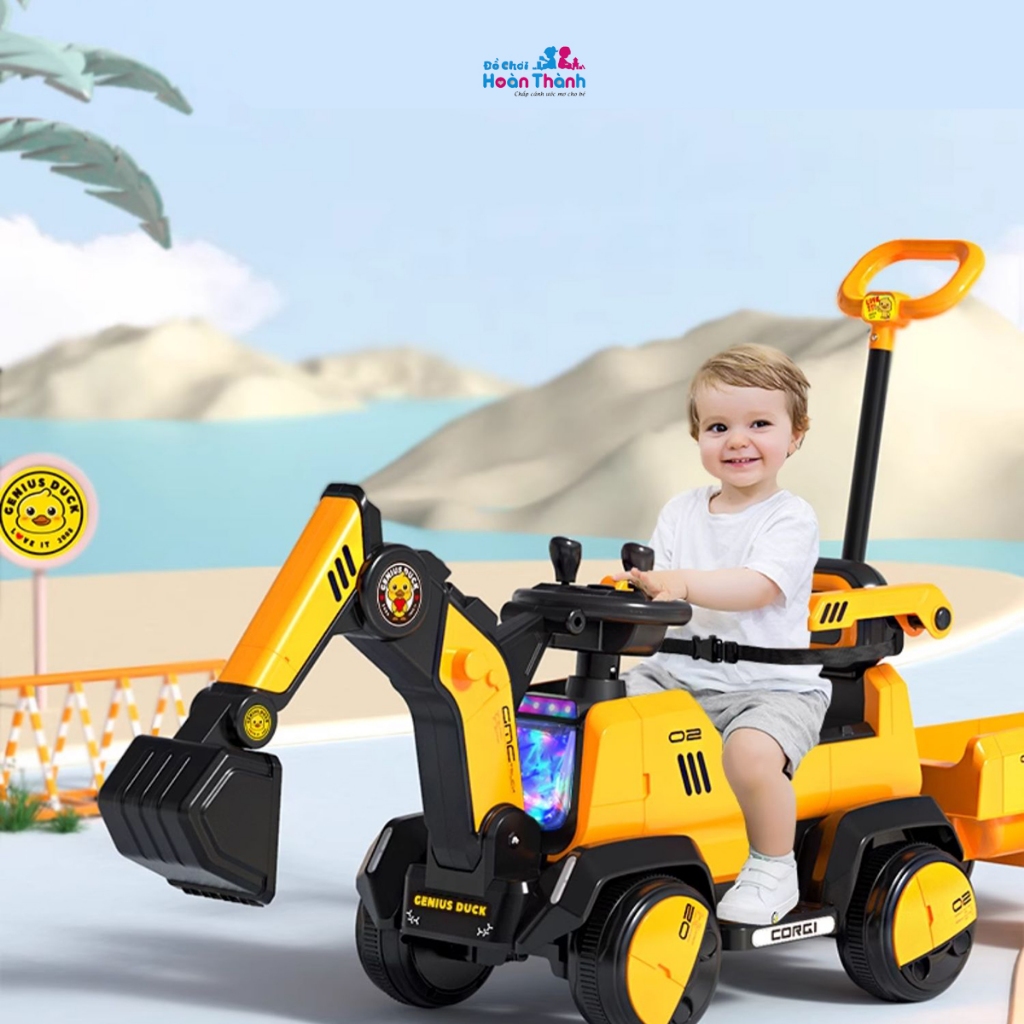 Xe cẩu điện trẻ em cỡ lớn, xe cẩu điện, có thể điều chỉnh cần múc tặng kèm xẻng, mũ, giỏ đựng